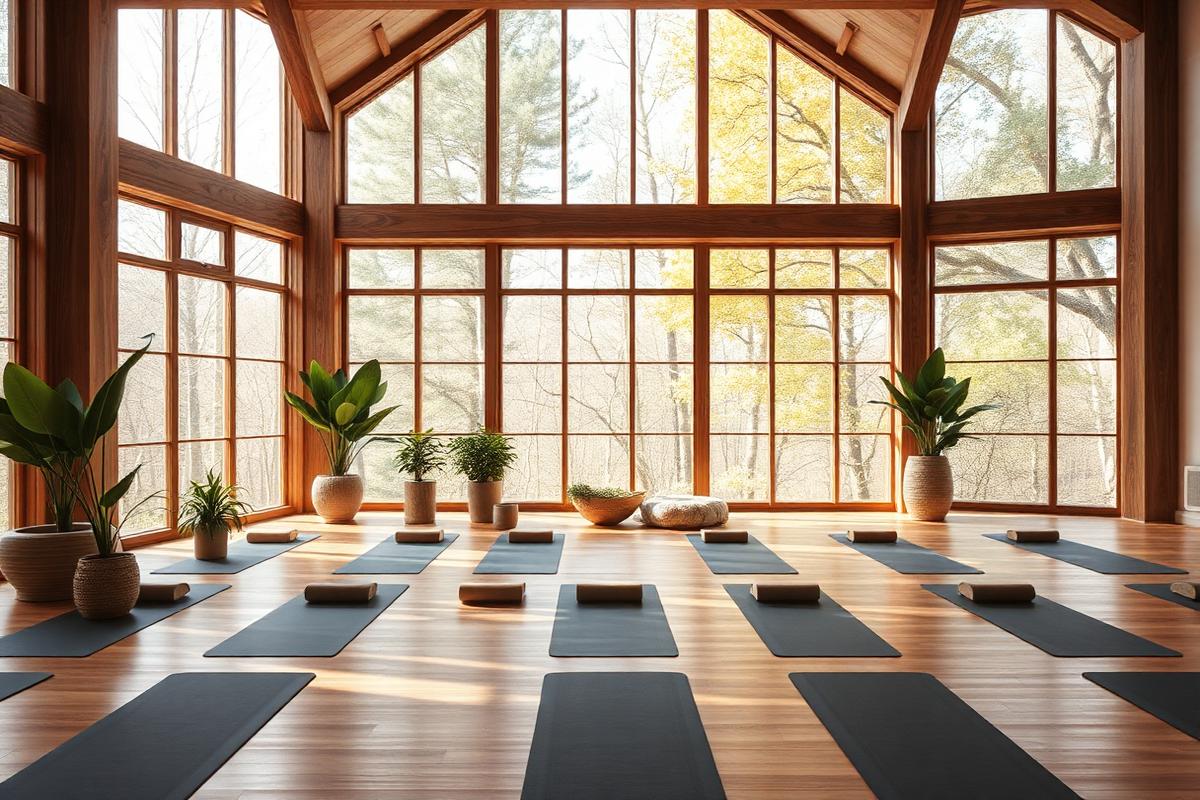 Ruhiges Yoga-Studio mit natürlichem Licht und Pflanzen